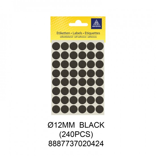 MAYSPIES MS012 COLOUR DOT LABEL / 5 SHEETS/PKT / 240PCS / ROUND 12MM BLACK